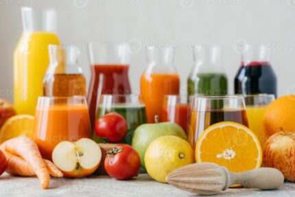 horizontal-shot-of-fresh-fruit-and-vegetables-on-white-table-glass-jars-of-juice-and-orange-squeezer-healthy-drinks-concept-organic-beverages-photo